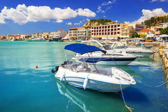 Fototapeta Marina with boats on the bay of Zakynthos, Greece