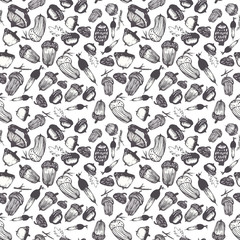 Hand drawn doodle seamless acorn pattern.