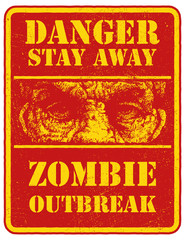 Poster Zombie Outbreak. Sign board with zombie face. Vector
