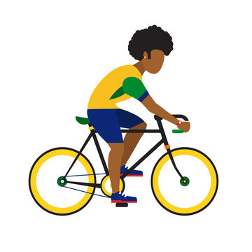 black man ride by road bicycle.  sport flat illustration.