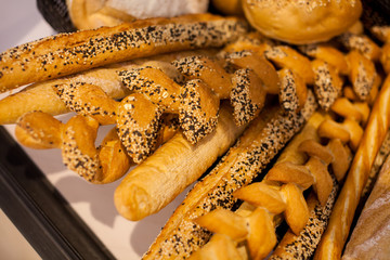 Various types of breads in the basket (Selective Focus)