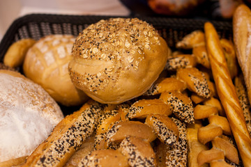 Various types of breads in the basket (Selective Focus)