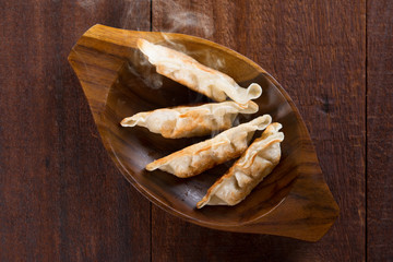 Top view Asian meal pan fried dumplings