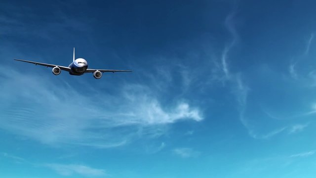 Flugzeug Boeing fliegt auf Kamera zu 3D