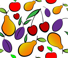 Pears, apples, plums and cherry seamless pattern.