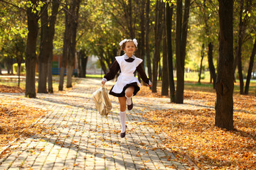 Happy little schoolgirl go home from school