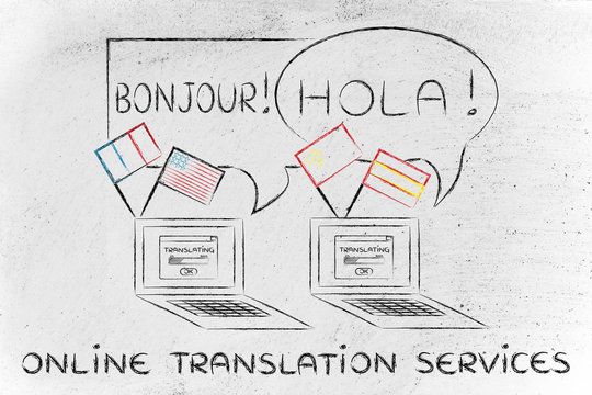 online translation services: laptop with different flags