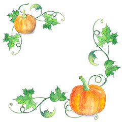 Halloween pumpkin with green leaves. Original watercolor pattern.