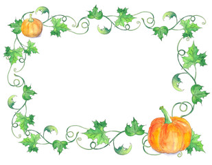 Halloween pumpkin with green leaves. Original watercolor pattern.