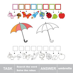 Vector game. Find hidden word umbrella. Search the word.