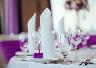 Table set for wedding or another catered event dinner.
