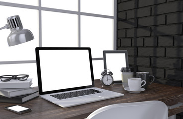 3D illustration laptop and work stuff on table near brick wall