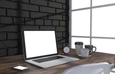 Fototapeta premium 3D illustration laptop and work stuff on table near brick wall