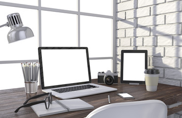 3D illustration laptop and work stuff on table near brick wall