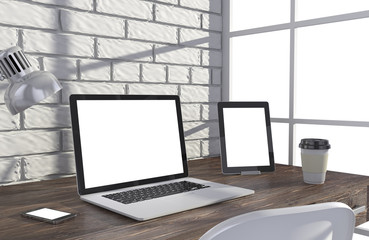 Fototapeta premium 3D illustration laptop and work stuff on table near brick wall