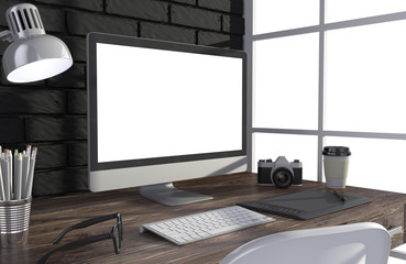 Fototapeta premium 3D illustration PC screen on table in office, Workspace