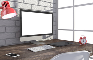 Fototapeta premium 3D illustration PC screen on table in office, Workspace