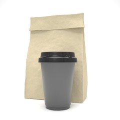 Coffee to go and lunch bag, on white.