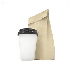 Coffee to go and lunch bag, on white.