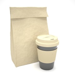 Coffee to go and lunch bag, on white.