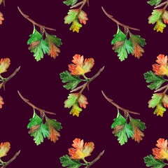 Watercolor green yellow orange red gooseberry leaf branch seamless pattern texture textile background