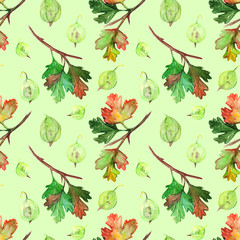 Watercolor green yellow orange red gooseberry berry leaf branch seamless pattern texture background