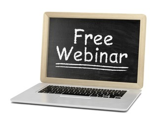  Laptop with chalkboard, free webinar, online education concept