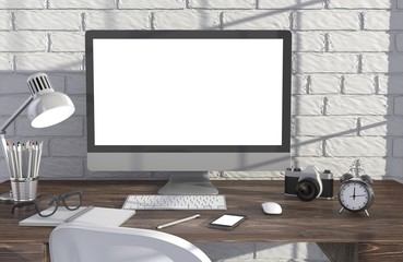 Fototapeta premium 3D illustration PC screen on table in office, Workspace