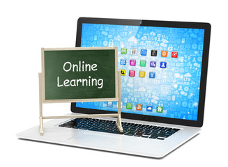  Laptop with chalkboard, online education concept