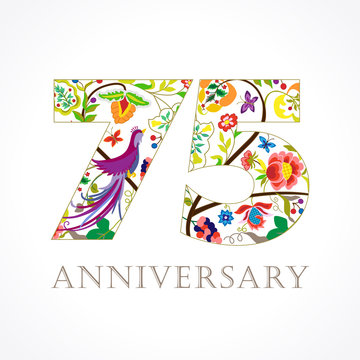 75 anniversary ethnic numbers. The template logo of 75th jubilee in vintage patterns with flowers and the bird of paradise.