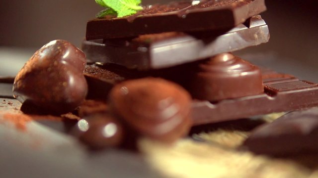 Assortment of fine chocolates in dark and milk chocolate with vanilla and mint