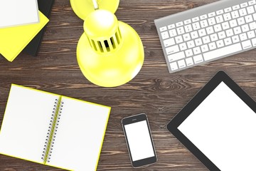 office stuff on table, workplace, top view