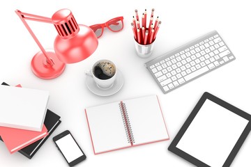 office stuff on table, workplace, top view