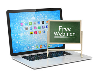 Laptop with chalkboard, free webinar, online education concept