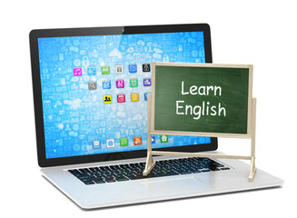  Laptop with chalkboard, learn english, online education concept