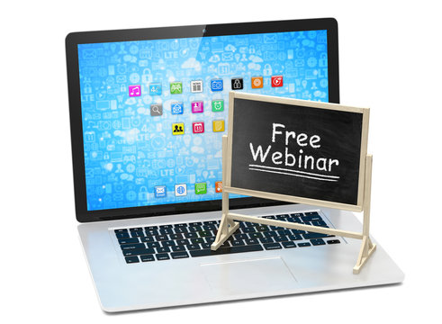 Laptop with chalkboard, free webinar, online education concept