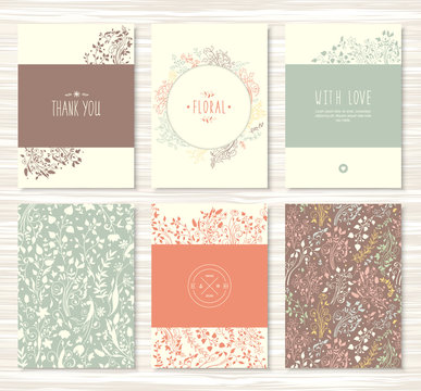 Flyers, brochures with floral, leaves, flower patterns