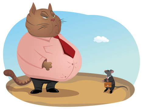 Big Fat And Haughty Cat Boss Is Looking At A Small Mouse Worker With A Briefcase. Mergers And Acquisitions.