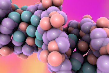 Fototapeta na wymiar Molecule of DNA built from atoms on colorful background, close-up view, double helix of DNA, DNA chains, scientific background