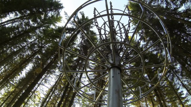 Disc golf putt throw hits the basket