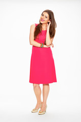 Woman in red dress. Full body isolated white background