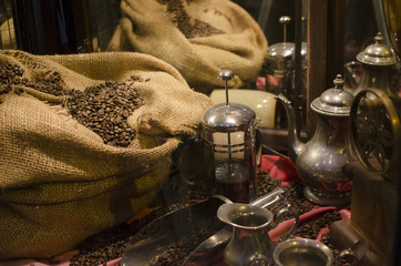 Fair trade coffee beans in woven bag