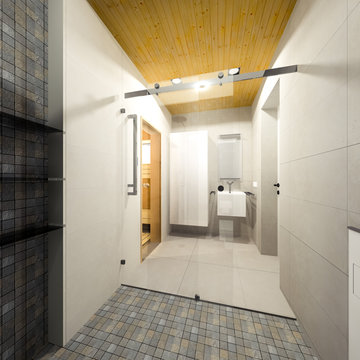 Minimalist bathroom with sauna 3d visualization