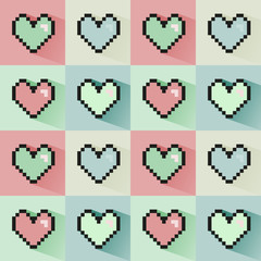 Pixelated hearts seamless vector pattern.