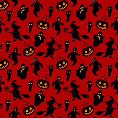 Halloween Pattern Black Silhouette over Red Background