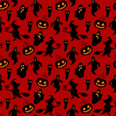 Halloween Pattern Black Silhouette over Red Background