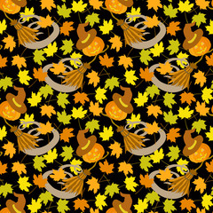Obraz premium Halloween Seamless Pattern Broom Pumpkin Hat Maple Leaves Autumn