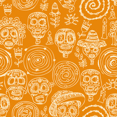 Day of the dead skull. Seamless pattern. Dia de los muertos Text in Spanish. - obrazy, fototapety, plakaty