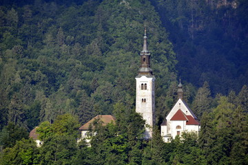 Fototapeta na wymiar Iglesia de la Asunción María en la isla de Bled . Eslovenia 