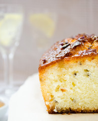French cake with lavender flowers and lemon glaze